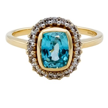 9ct Gold Blue Topaz / Cubic Zirconia Cluster Ring size J